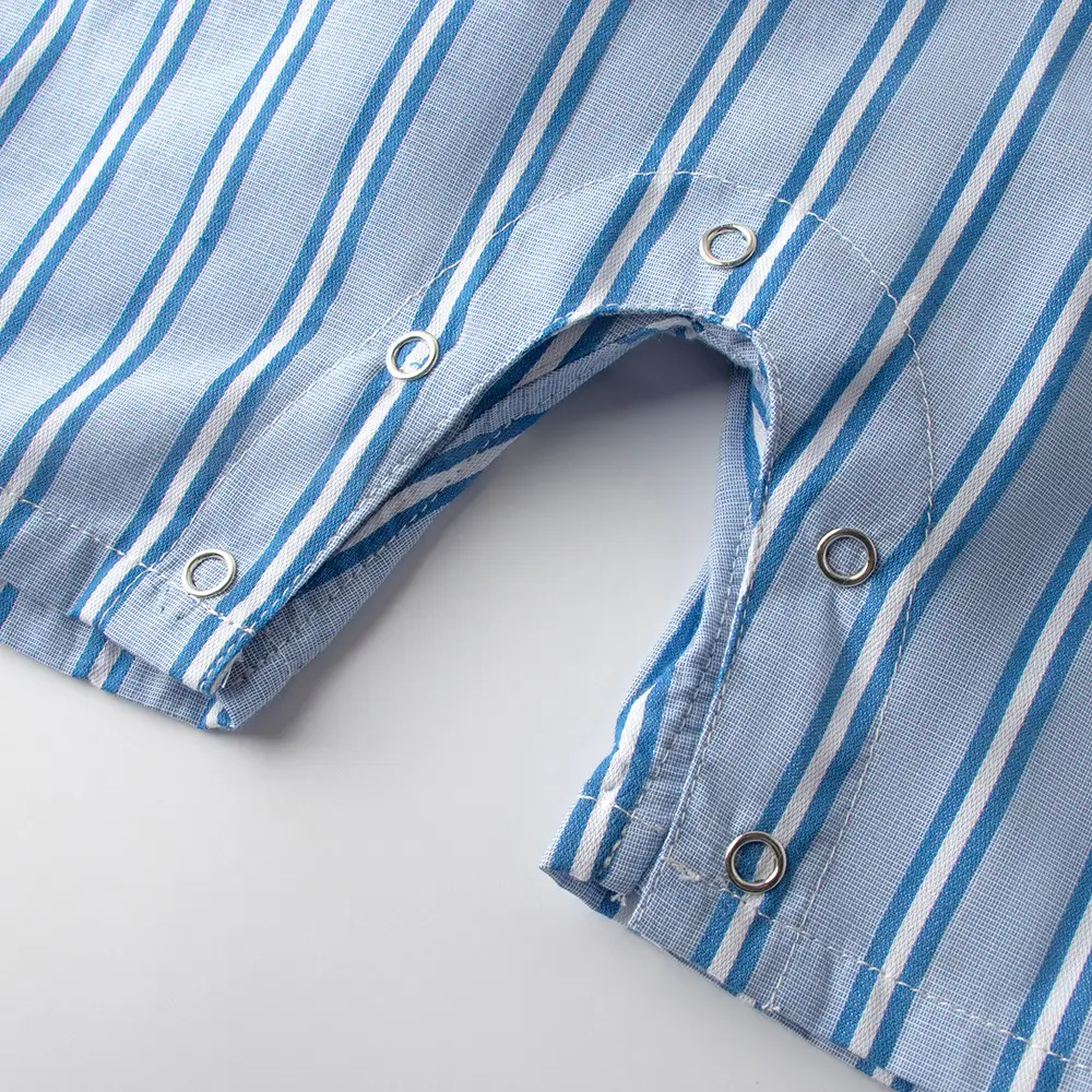跨境婴儿衣服夏装新款连体衣男宝蓝条纹翻领短袖爬服外出哈衣套装