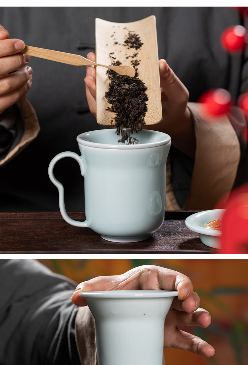龙泉青瓷办公室茶杯套装家用陶瓷带过滤马克泡茶龙年会议水杯送礼
