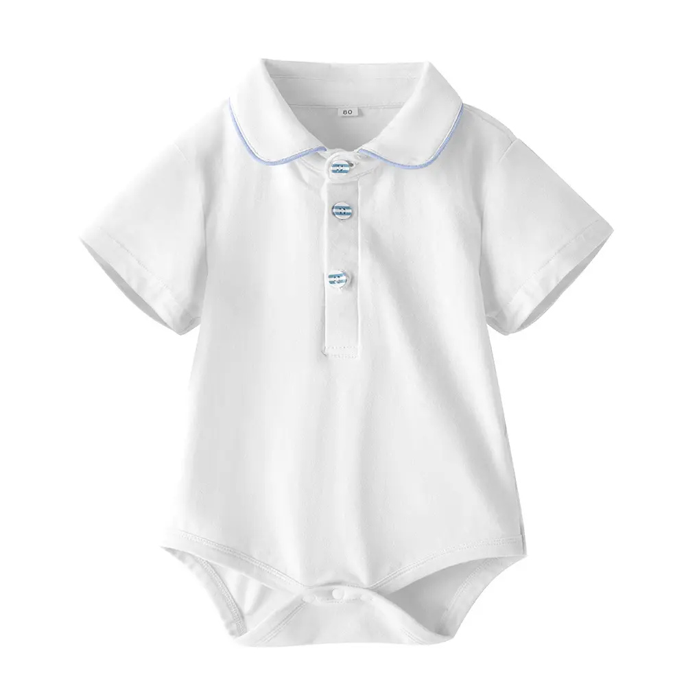 跨境婴儿衣服夏装新款连体衣男宝蓝条纹翻领短袖爬服外出哈衣套装