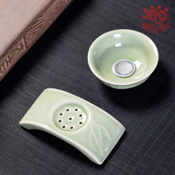 厂家直销 龙泉青瓷功夫茶具配件 陶瓷竹韵茶托茶漏茶叶过滤器批发
