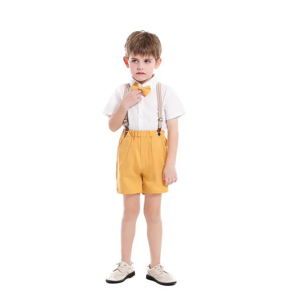 新品夏季韩版童装礼服棉质短袖衬衫背带裤宝宝衣服外贸男童套装