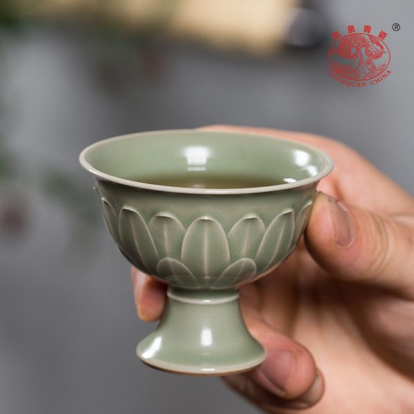 龙泉青瓷 功夫茶杯主人杯单杯 陶瓷高足品茗杯胡建勇手工茶碗礼盒