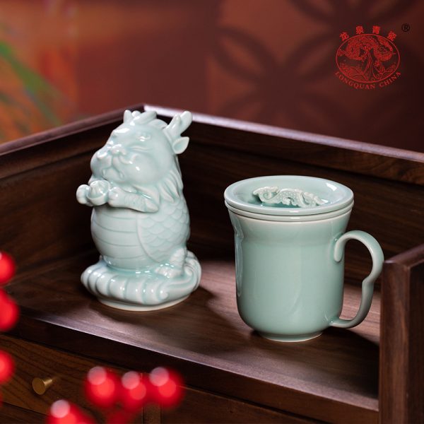 龙泉青瓷办公喝水茶杯套装家用带盖过滤马克杯陶瓷会议新年礼品杯