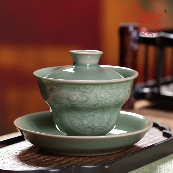 龙泉青瓷 三才盖碗茶杯手工大容量泡茶碗 陶瓷高档带盖手抓敬茶杯