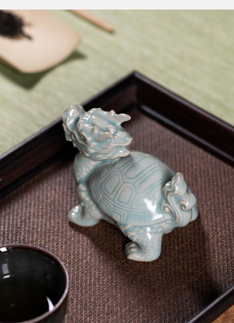 龙泉青瓷 招财龙龟摆件精品茶宠 陶瓷茶玩茶桌装饰功夫茶具配件