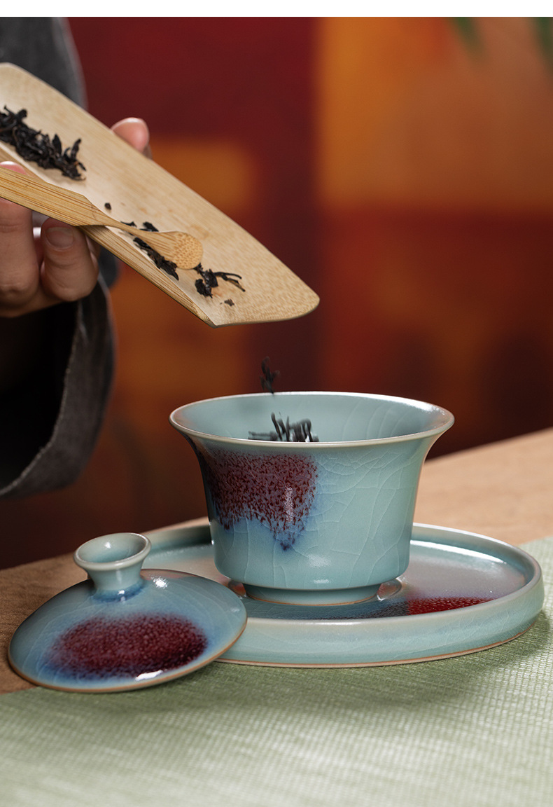 龙泉青瓷 三才盖碗功夫茶具大号钧窑敬茶碗 陶瓷家用盖碗手抓茶碗