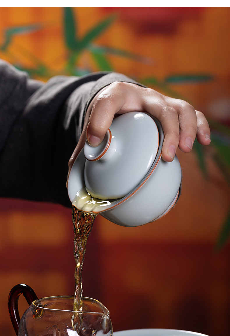 龙泉青瓷三才盖碗大号敬茶杯陶瓷功夫茶具高档礼盒手抓白玉泡茶碗