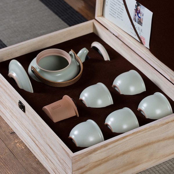 龙泉青瓷 汝窑整套高档功夫茶具 陶瓷冰裂提梁壶茶杯礼盒送礼套装