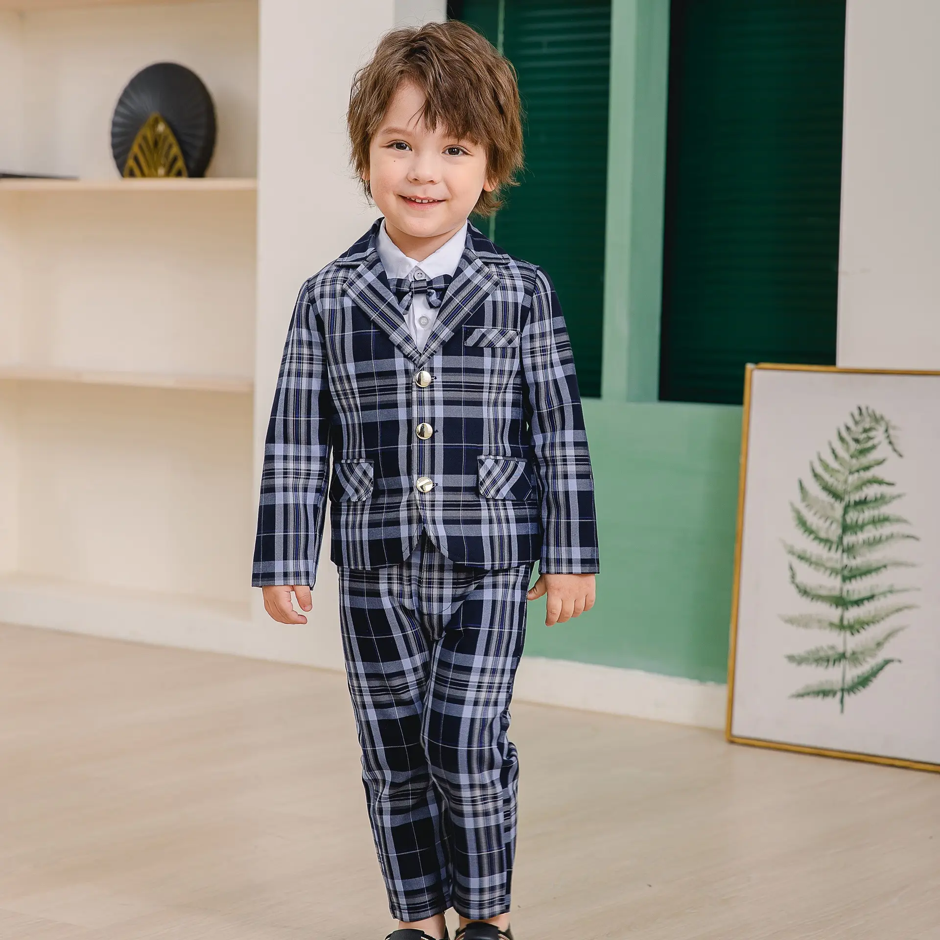 男童套装秋款白衬衣格子马甲绅士童装英伦风宝宝西装礼服