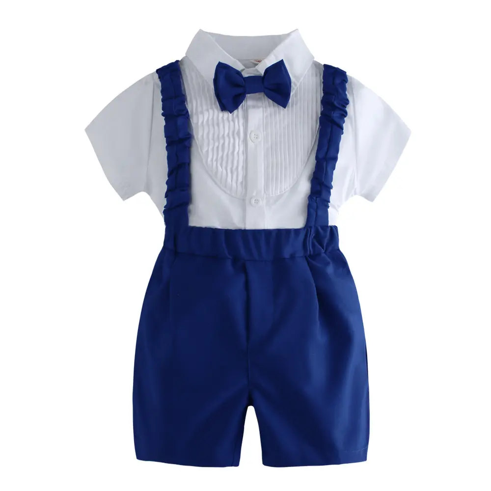 加工定制跨境欧美夏季新款纯色短袖短裤童装宝宝背带裤蝴蝶结套装