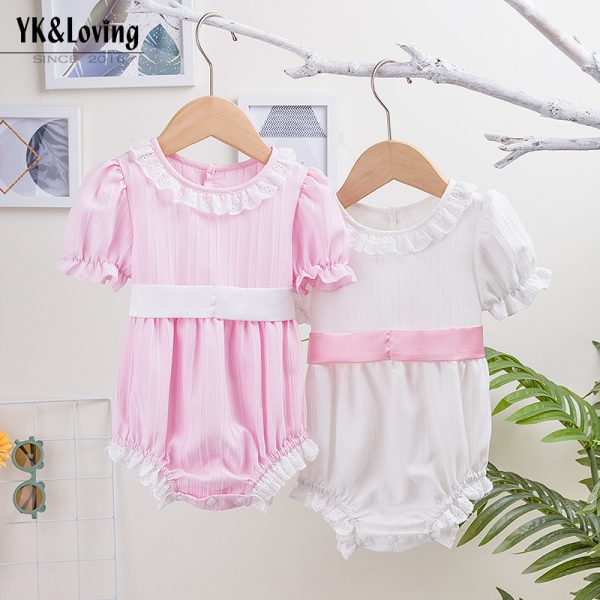 夏季婴儿服饰蕾丝花边圆领哈衣纯色灯笼袖腰间绑带洋气宝宝爬服潮