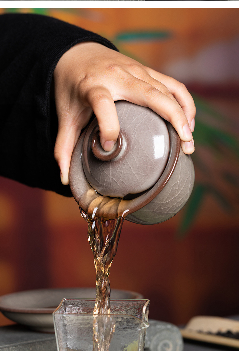 龙泉青瓷 创意手工哥窑冰裂三才盖碗 陶瓷复古功夫茶具红冰泡茶碗