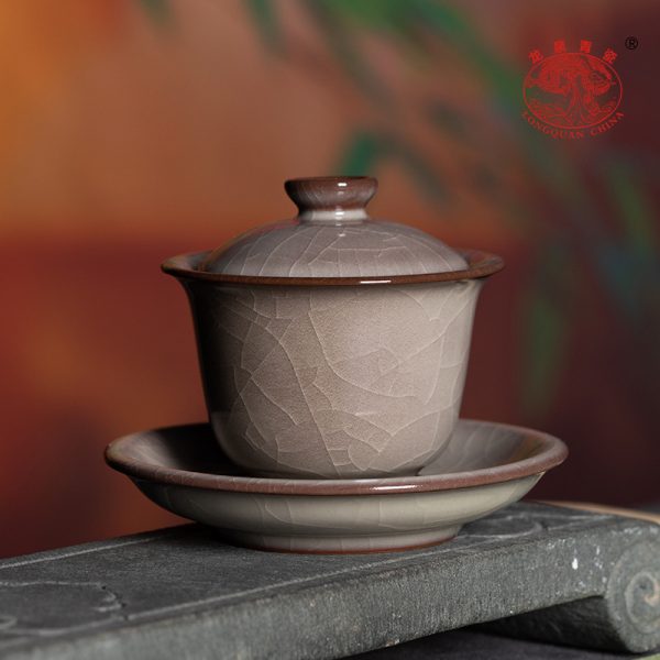 龙泉青瓷 创意手工哥窑冰裂三才盖碗 陶瓷复古功夫茶具红冰泡茶碗