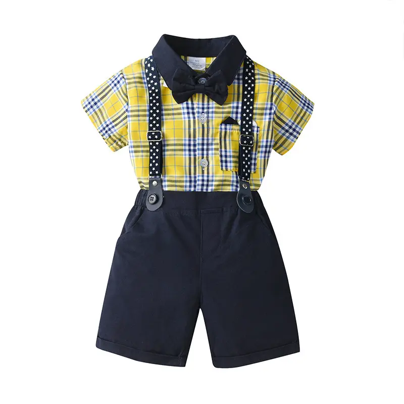 跨境童装批发英伦绅士格子三件套男童夏装宝宝夏季短袖款儿童套装