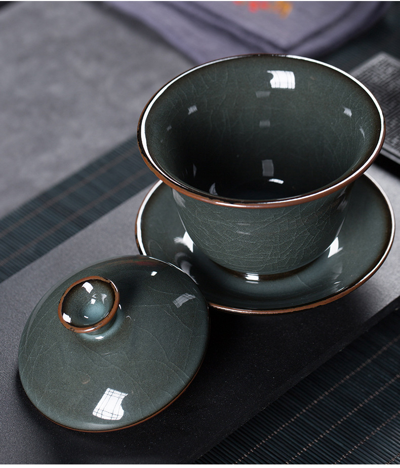 龙泉青瓷 铁胎盖碗三才家用敬茶泡茶碗 陶瓷功夫茶具手工大号茶杯