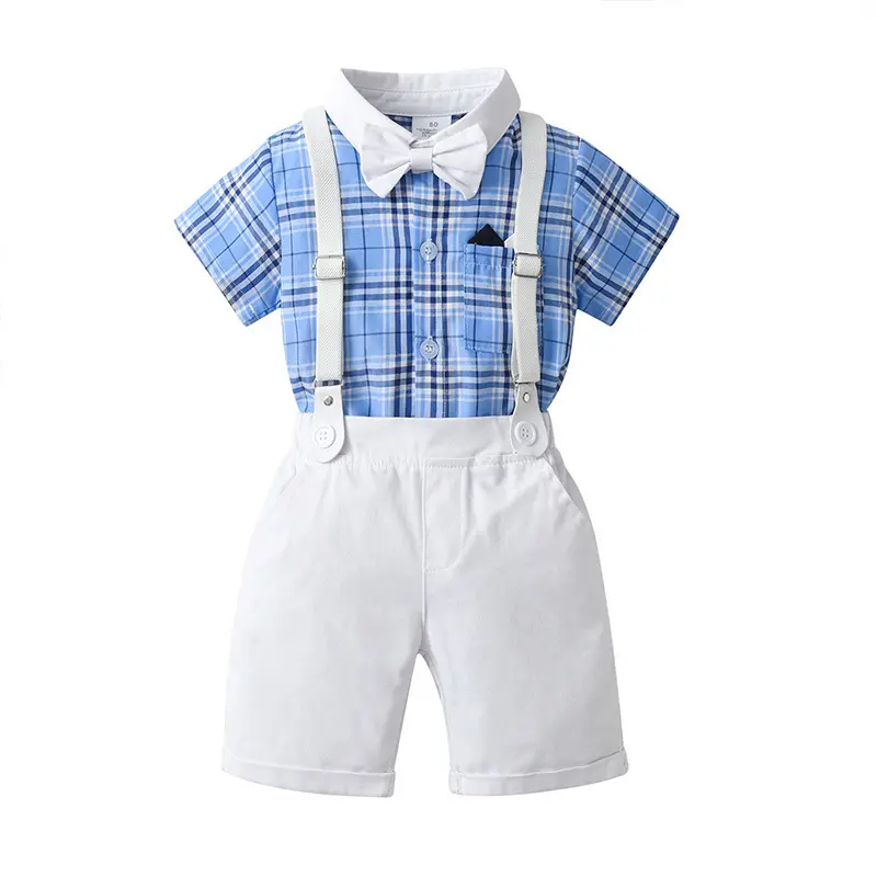 跨境童装批发英伦绅士格子三件套男童夏装宝宝夏季短袖款儿童套装