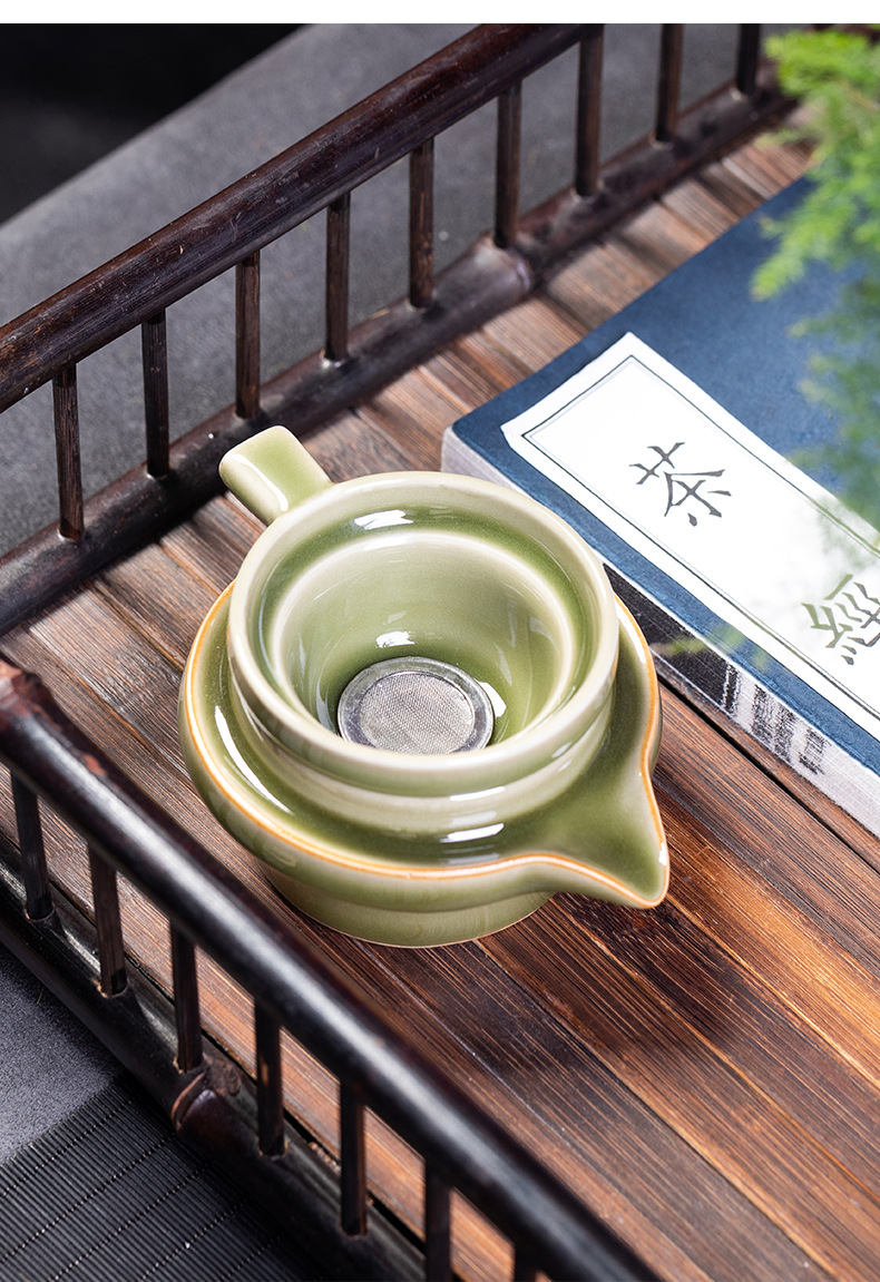 厂家直销 龙泉青瓷创意仿古茶漏茶托组合 陶瓷功夫茶滤茶托批发