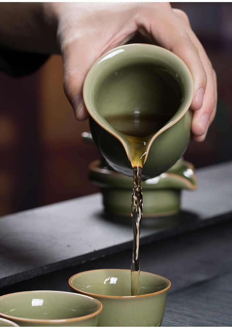 龙泉青瓷 创意复古家用功夫茶具套装 陶瓷盖碗品茗杯茶杯礼品盒装