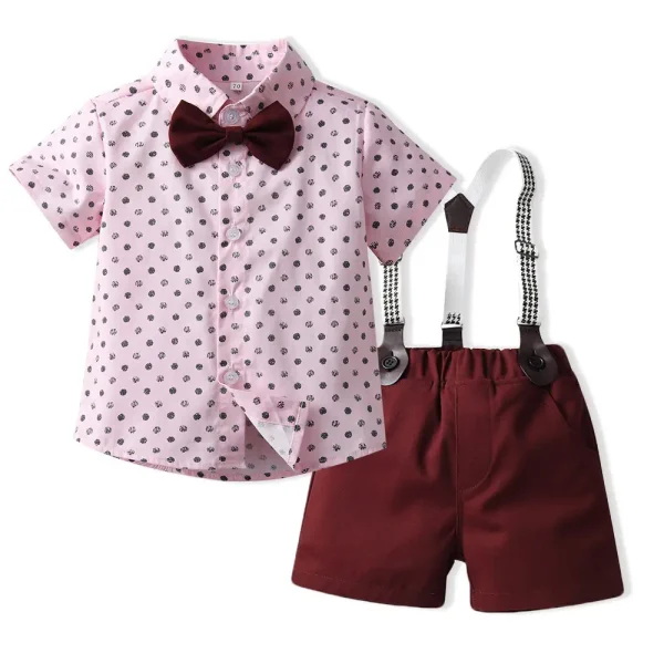 新品童装批发男童粉色短袖衬衫背带裤生日礼服一件代发儿童服装
