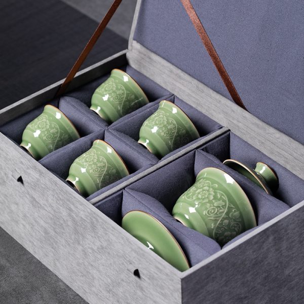 龙泉青瓷高端盖碗一壶四杯茶具 简约创意陶瓷功夫茶具商务礼盒装