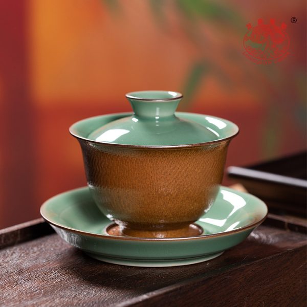 龙泉青瓷三才盖碗跳刀敬泡茶碗陶瓷功夫茶具原矿手工手抓碗礼盒装