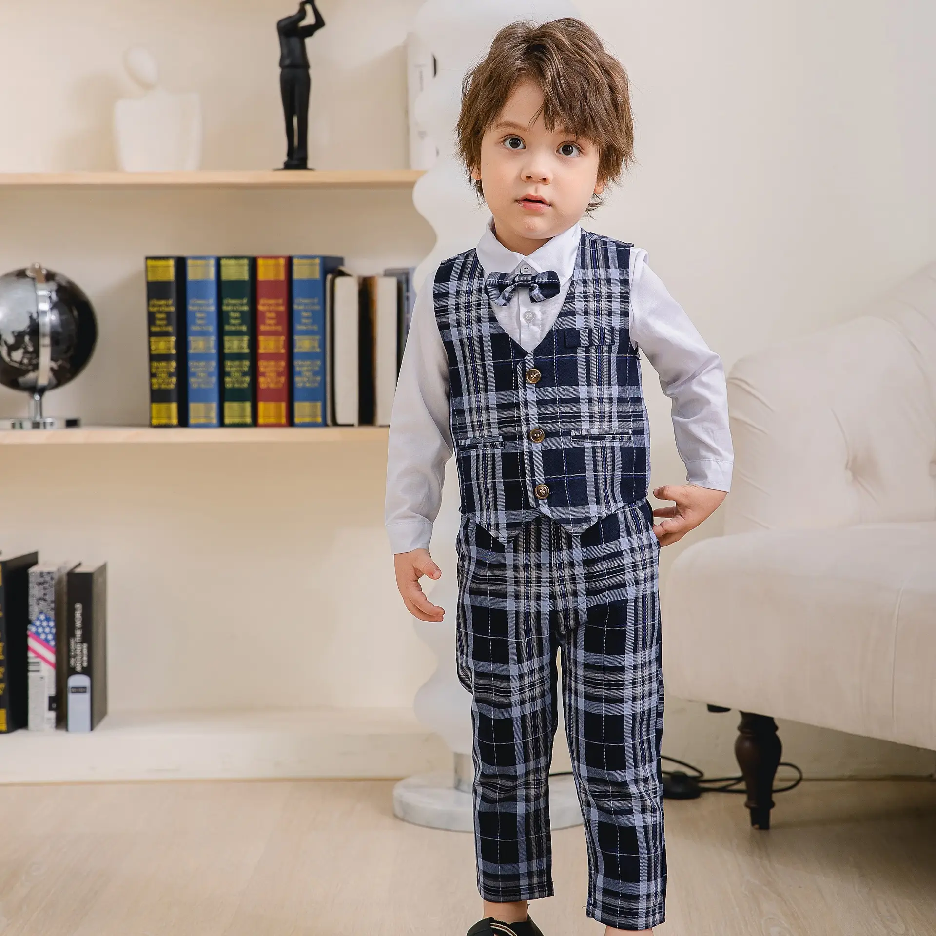 男童套装秋款白衬衣格子马甲绅士童装英伦风宝宝西装礼服