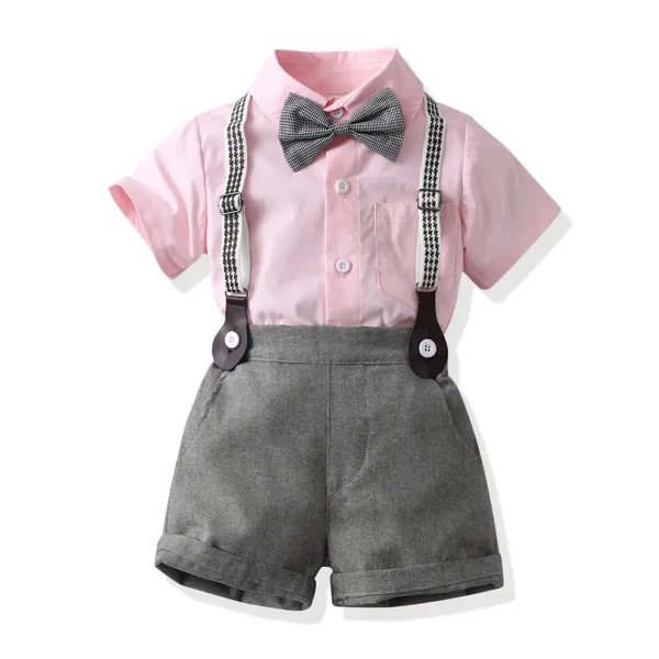 新品童装批发男童粉色短袖衬衫背带裤生日礼服一件代发儿童服装
