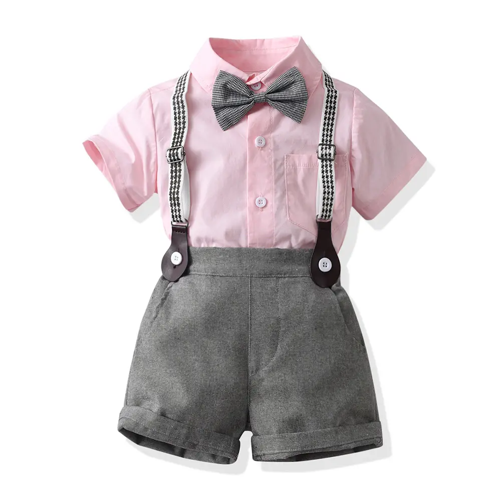 新品童装批发男童粉色短袖衬衫背带裤生日礼服一件代发儿童服装