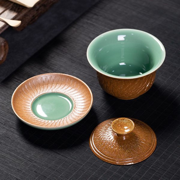 龙泉青瓷 功夫茶具复古手工跳刀三才盖碗 陶瓷家用会客手抓泡茶碗