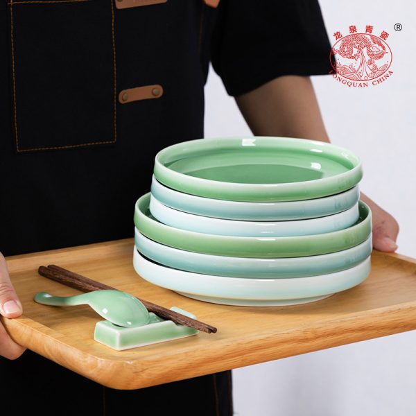龙泉青瓷菜盘子骨碟浅盘家用早餐盘平盘陶瓷酒店水果盘西餐盘餐具