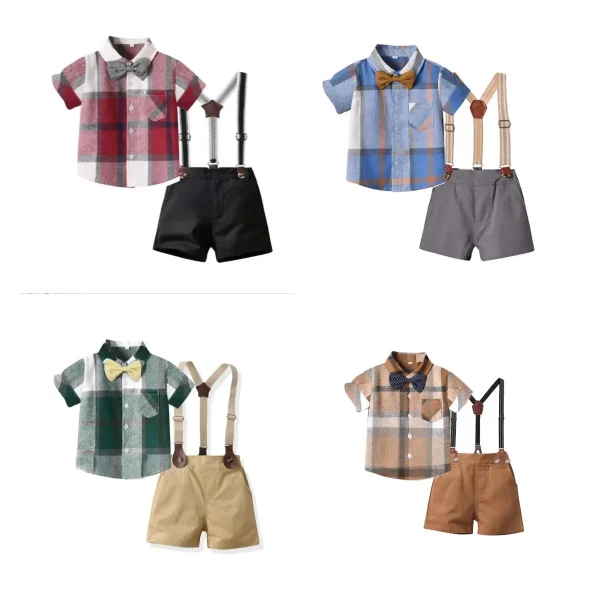 新品英伦男童夏装儿童短袖格子衬衫绅士周岁礼服 童装批 发的工厂