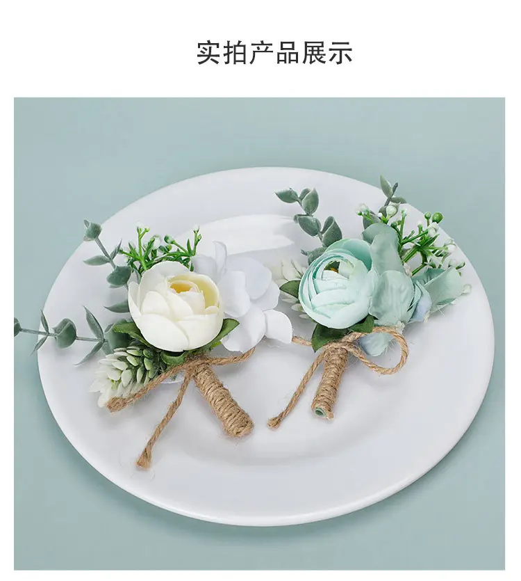新款仿真胸花创意玫瑰花朵伴郎伴娘胸花配饰手编麻绳工艺胸花批发