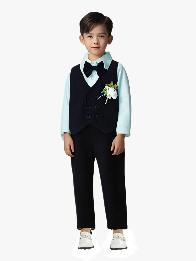 跨境欧美新款春秋长袖衬衫马甲胸花多件套男童婚礼礼服表演服代发