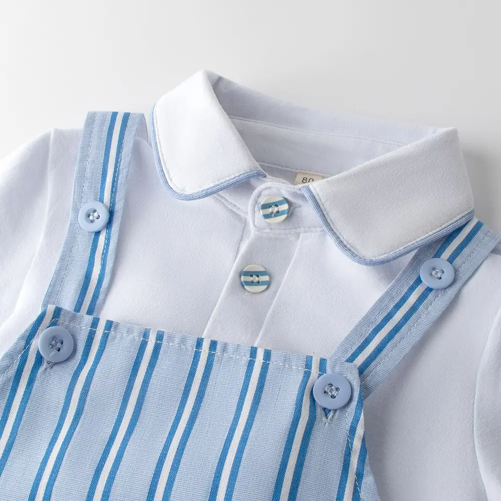 跨境婴儿衣服夏装新款连体衣男宝蓝条纹翻领短袖爬服外出哈衣套装