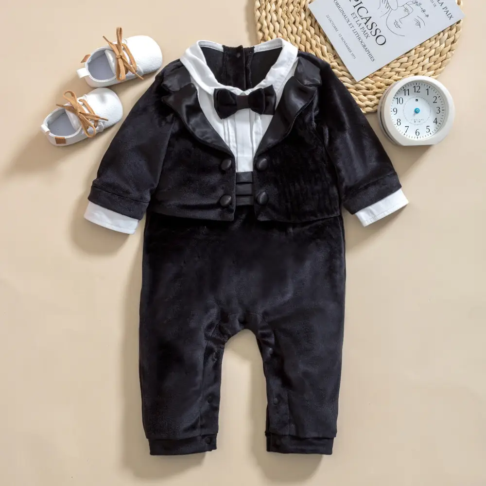 春秋新款婴儿假两件男宝宝周岁生日礼服金丝绒连体baby幼童包屁衣
