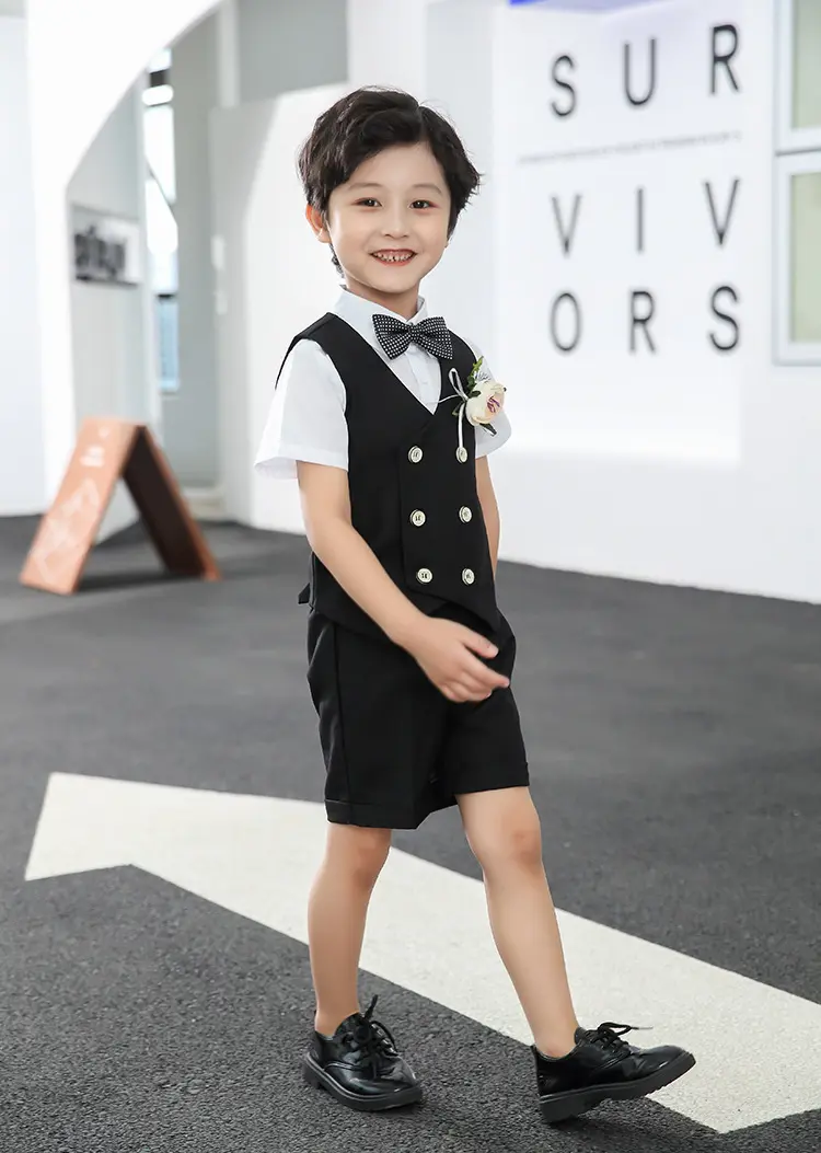儿童套装新款春夏短袖马甲套男童花礼服中小童宝宝周岁生日宴会服