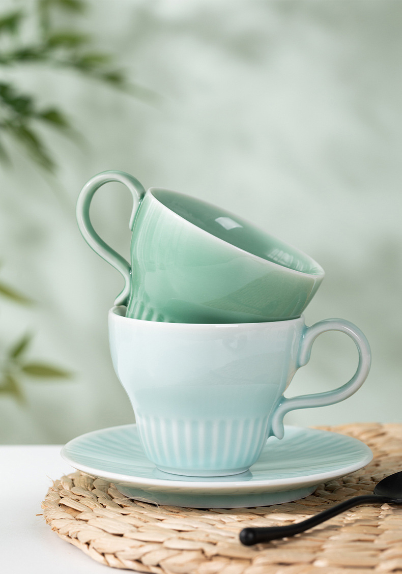 龙泉青瓷 复古拿铁咖啡杯碟套装 陶瓷高档精致马克杯早餐情侣杯子