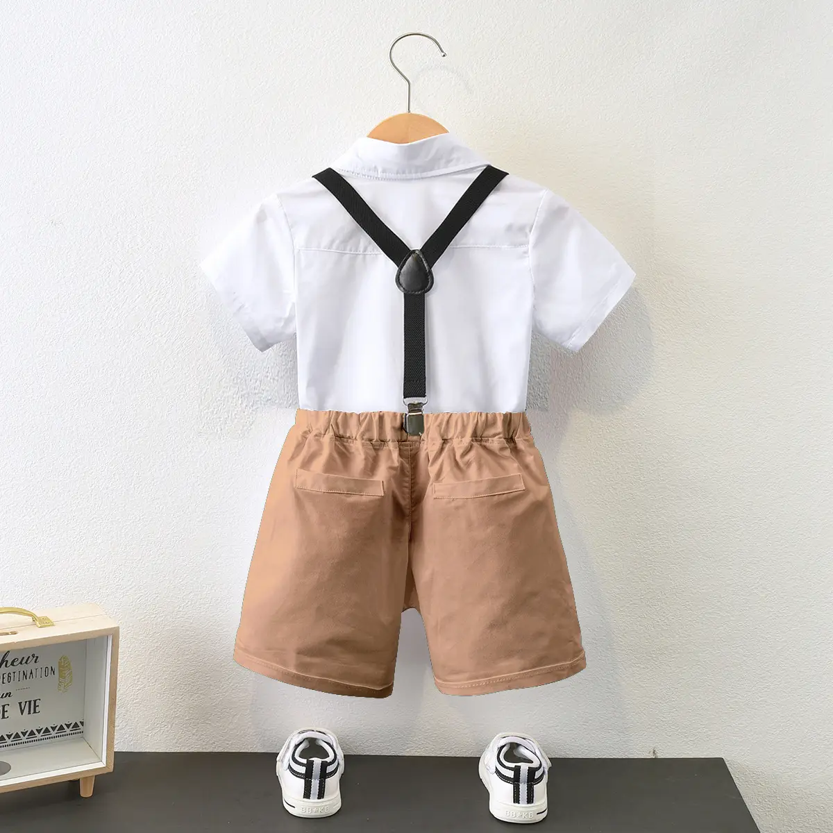 跨境男童夏季白色衬衣黑色背带裤小主持人中小儿童宝宝六一表演服