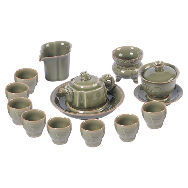 龙泉青瓷 越窑仿古大套功夫茶具套装 陶瓷盖碗泡茶壶家用商务送礼
