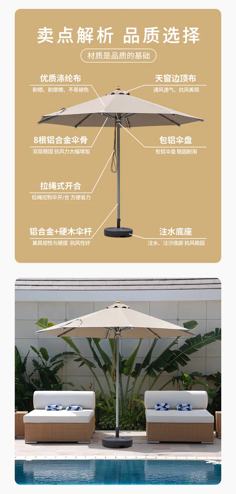 户外遮阳伞庭院花园室外室内两用厂家摆摊别墅防晒中柱圆形拉绳伞