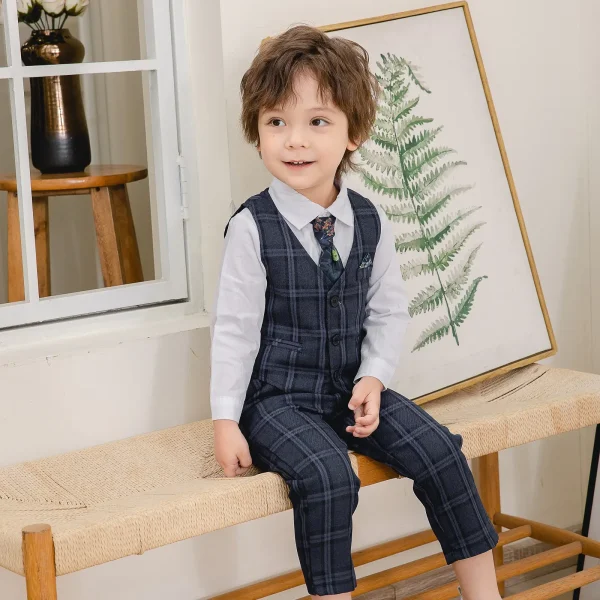 儿童礼服男童宴会衣服绅士格子马甲衬衫长裤领带派对帅气三件套装
