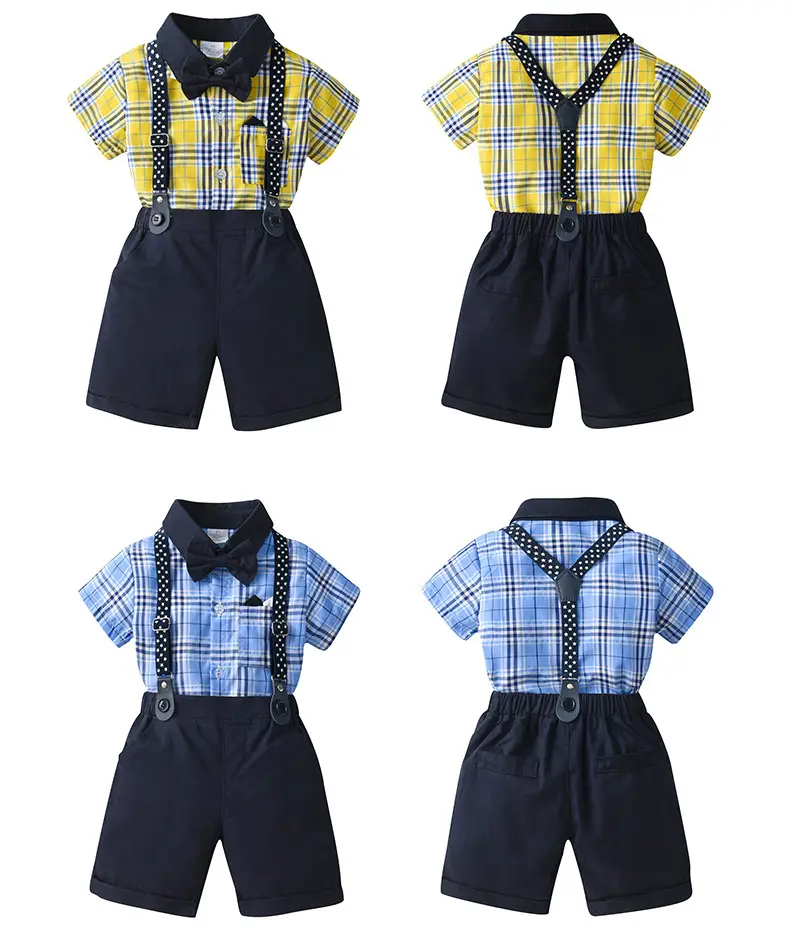 跨境童装批发英伦绅士格子三件套男童夏装宝宝夏季短袖款儿童套装