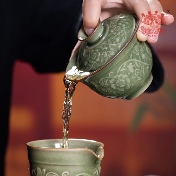 龙泉青瓷 越窑仿古高档功夫茶具套装 陶瓷盖碗泡茶壶品茗杯礼盒装