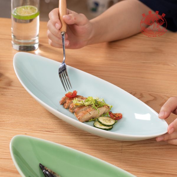 龙泉青瓷 盘子菜盘家用鱼盘菜碟 陶瓷船形中式酒店商用餐具蒸鱼盘