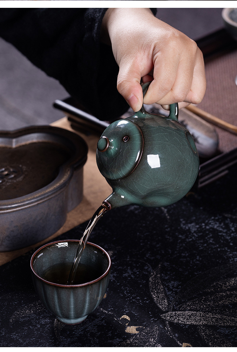 龙泉青瓷 哥窑冰裂手工铁胎茶壶单壶 陶瓷功夫茶具家用过滤泡茶壶