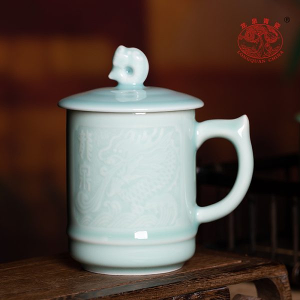 龙泉青瓷 创意带盖办公杯喝茶杯子家用马克杯 陶瓷泡茶水杯情侣杯