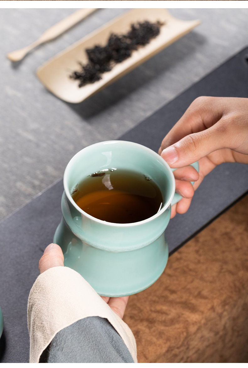 龙泉青瓷 茶杯单杯办公室泡茶杯高档家用马克杯 陶瓷水杯过滤杯子