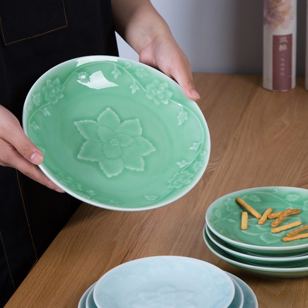 龙泉青瓷 创意中式花边牡丹盘 陶瓷家用菜盘子餐盘深盘圆盘饺子盘