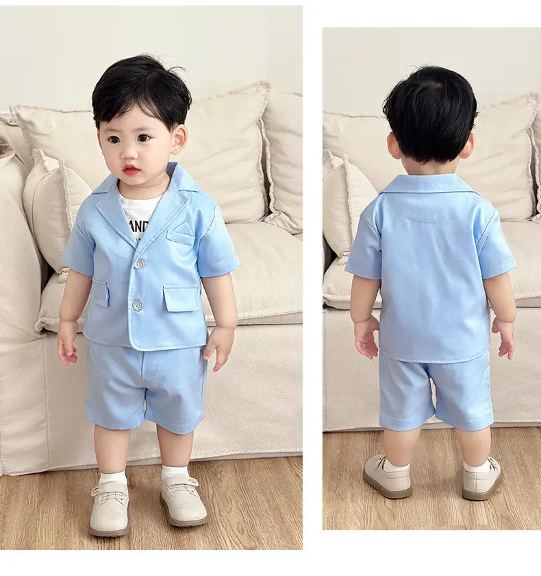 夏季男童绅士礼服三件套男宝宝短袖短裤外套三件套摄影走秀演出服