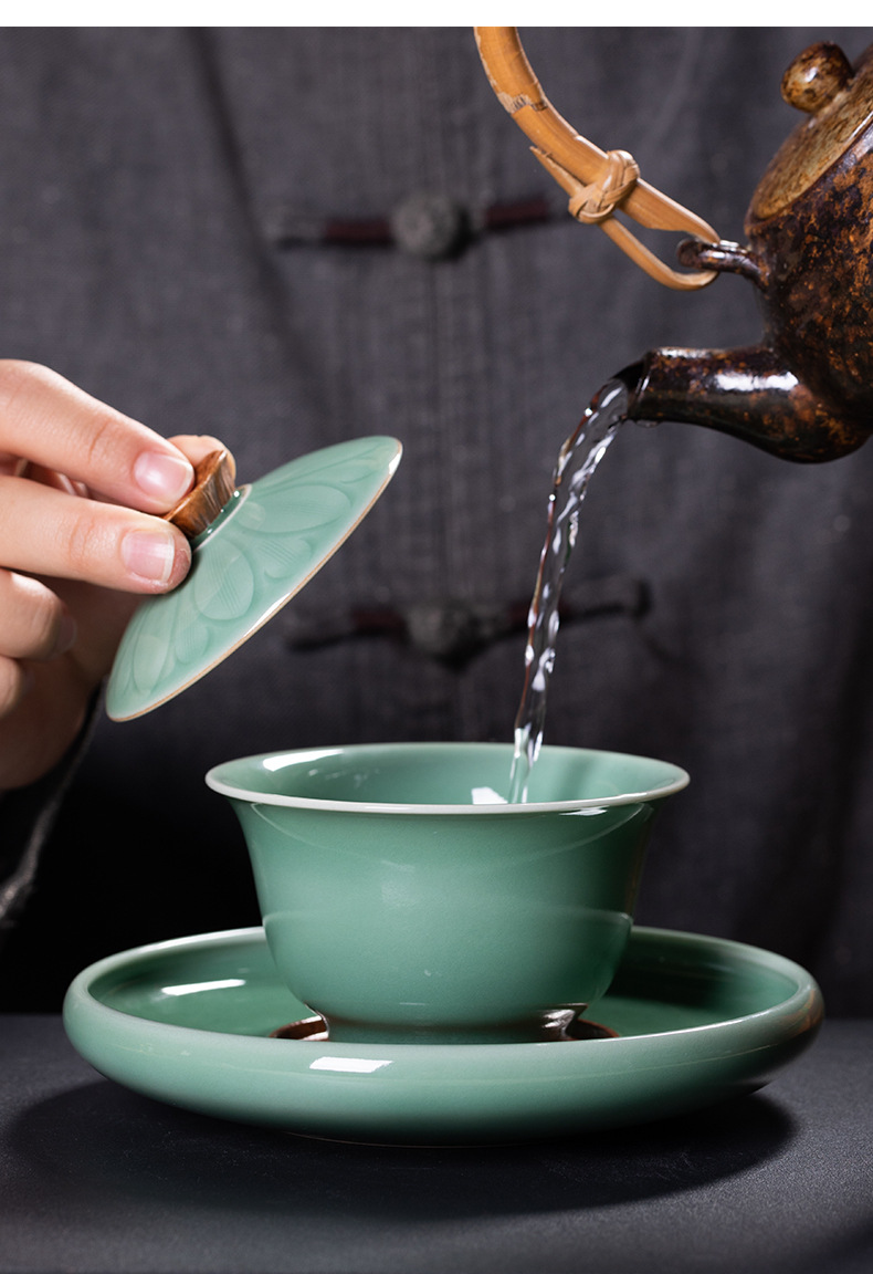 龙泉青瓷三才盖碗家用纯手工高档泡茶器陶瓷功夫茶具大号敬泡茶碗
